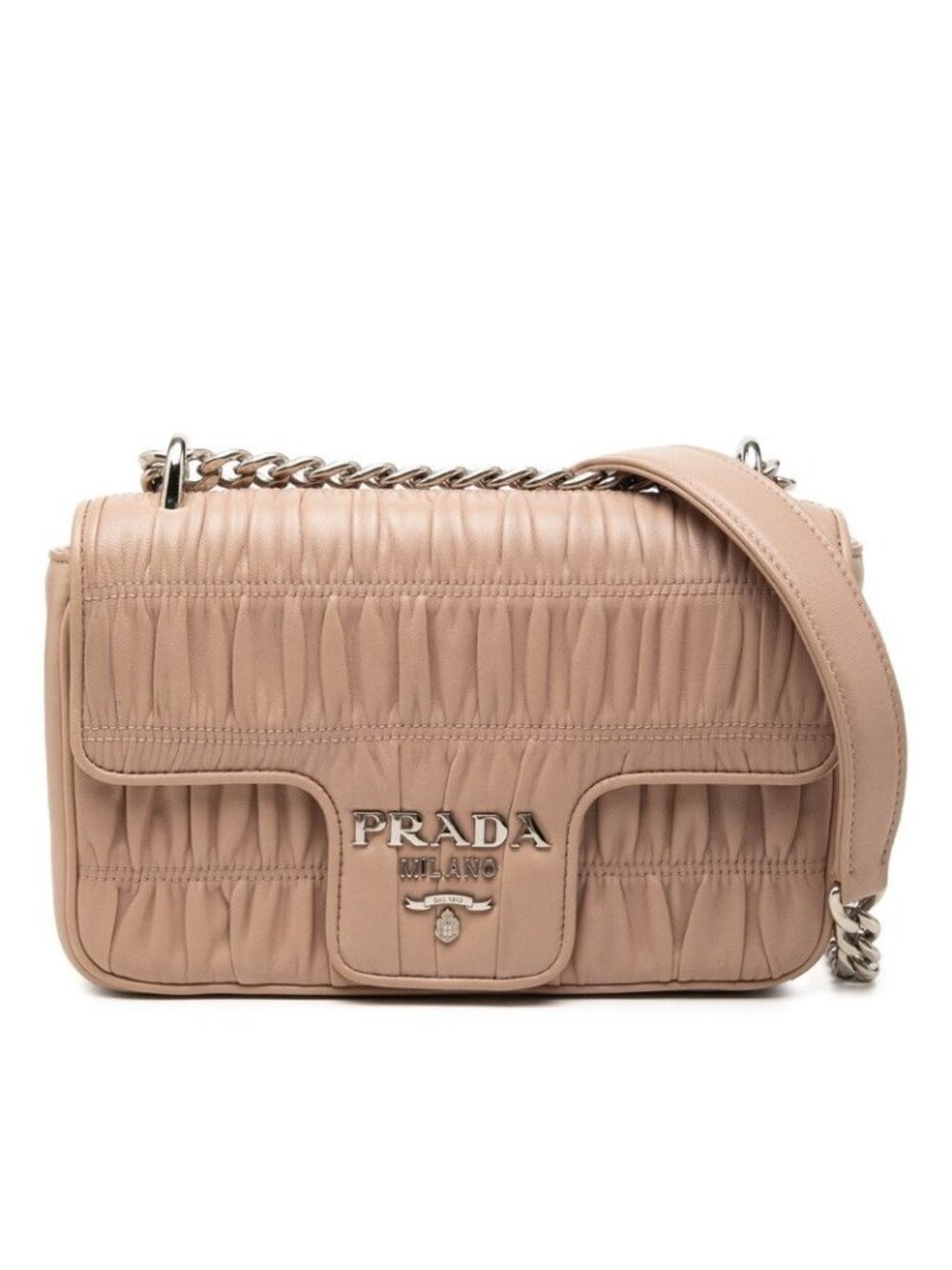 Prada Logo Chain Shoulder Bag Beige Leather